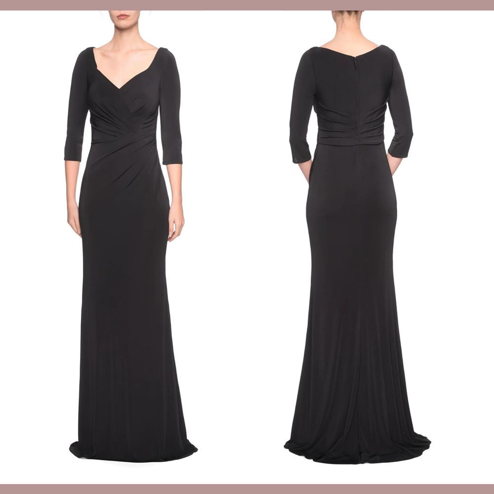 NWT $365 La Femme [ 16 ] V Neck Ruched Jersey‎ Column Gown in Black